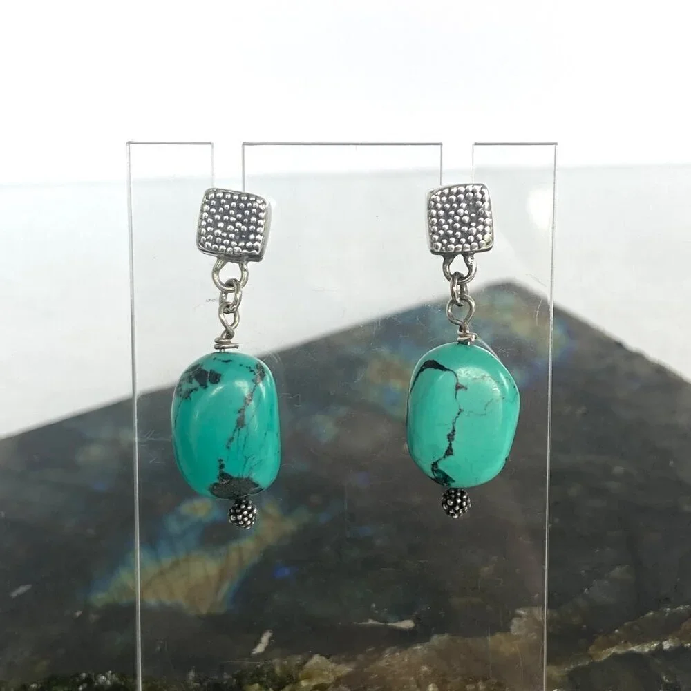 Sterling Silver 925 Southwest Style Beaded Turquoise Square Stud Dangle Earrings